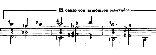 Artificial harmonics notation from Miguel Llobet's 1900 score of El Testament d'Amelia