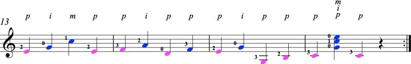 Score sample of measures 13-16 of Fernando Sor's Study 1 Op. 60 with colored voices of implied polyphony