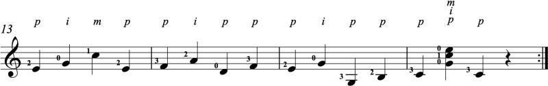 Score sample of measures 13-16 of Fernando Sor's Study 1 Op. 60