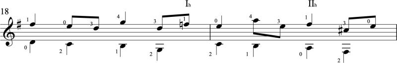 Classical guitar notation showing hinge barre chords in Bach's Bourree