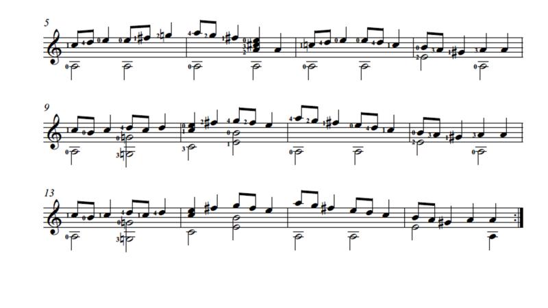 Score sample of Canson Englesa showing voices in classical guitar music