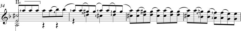 Musical vs technical slurs in Sor's Study in D minor, showing pull-offs and hammer-ons